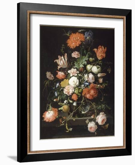 Fleurs dans une carafe de cristal placé sur un piédestal en pierre avec une libellule-Abraham Mignon-Framed Giclee Print