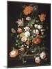 Fleurs dans une carafe de cristal placé sur un piédestal en pierre avec une libellule-Abraham Mignon-Mounted Giclee Print