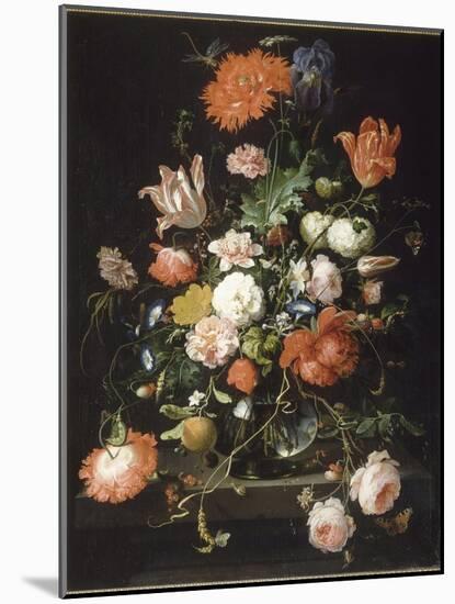 Fleurs dans une carafe de cristal placé sur un piédestal en pierre avec une libellule-Abraham Mignon-Mounted Giclee Print