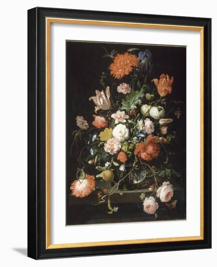 Fleurs dans une carafe de cristal placé sur un piédestal en pierre avec une libellule-Abraham Mignon-Framed Giclee Print