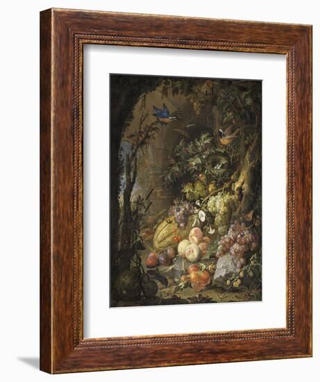 Fleurs, fruits, oiseaux et insectes dans un paysage avec ruines-Abraham Mignon-Framed Giclee Print