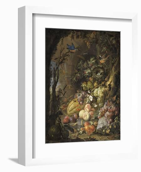 Fleurs, fruits, oiseaux et insectes dans un paysage avec ruines-Abraham Mignon-Framed Giclee Print