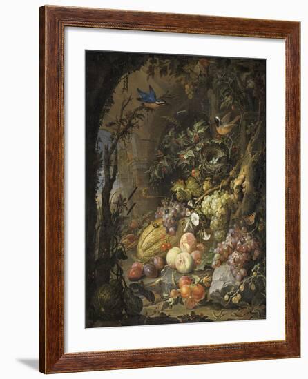 Fleurs, fruits, oiseaux et insectes dans un paysage avec ruines-Abraham Mignon-Framed Giclee Print