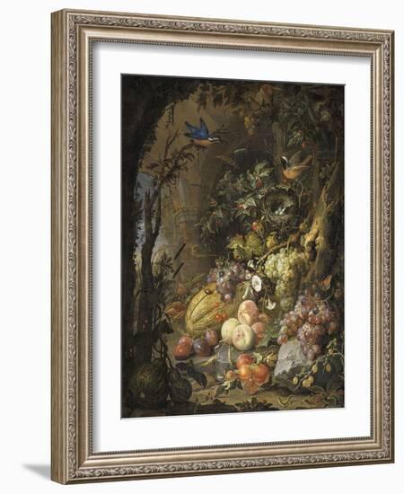 Fleurs, fruits, oiseaux et insectes dans un paysage avec ruines-Abraham Mignon-Framed Giclee Print