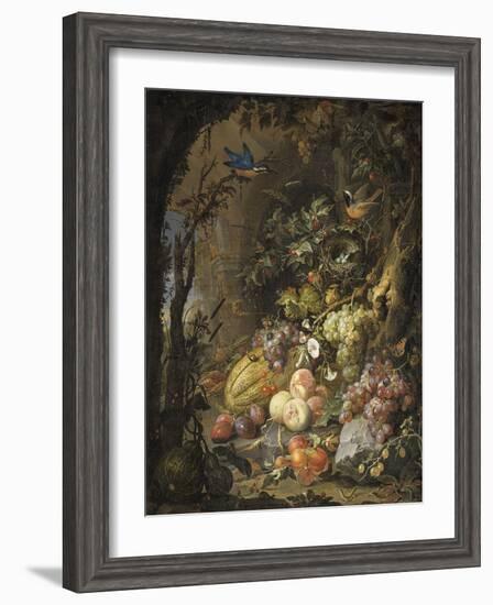 Fleurs, fruits, oiseaux et insectes dans un paysage avec ruines-Abraham Mignon-Framed Giclee Print