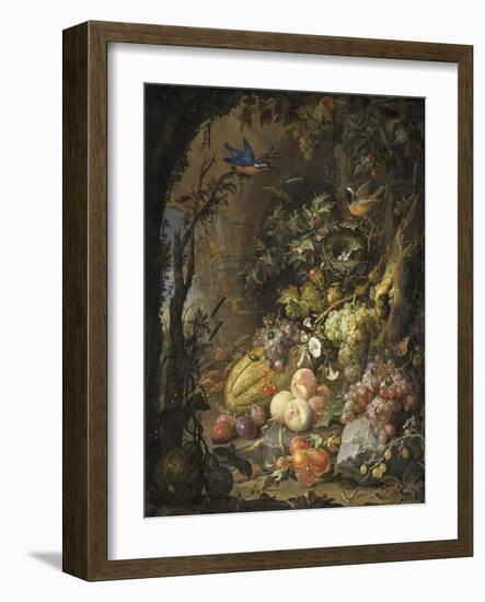 Fleurs, fruits, oiseaux et insectes dans un paysage avec ruines-Abraham Mignon-Framed Giclee Print