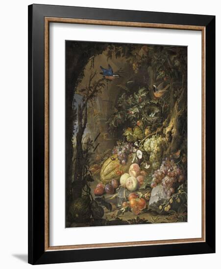 Fleurs, fruits, oiseaux et insectes dans un paysage avec ruines-Abraham Mignon-Framed Giclee Print