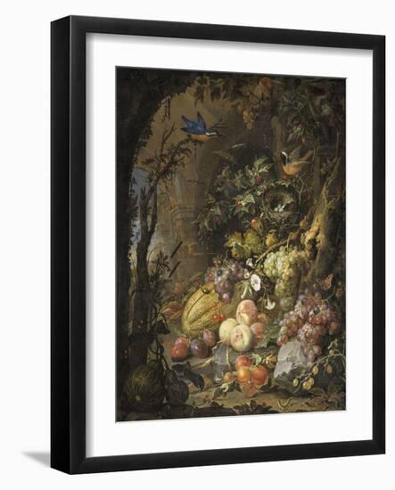 Fleurs, fruits, oiseaux et insectes dans un paysage avec ruines-Abraham Mignon-Framed Giclee Print