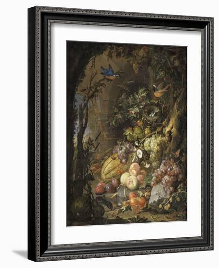 Fleurs, fruits, oiseaux et insectes dans un paysage avec ruines-Abraham Mignon-Framed Giclee Print