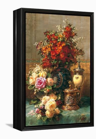 Fleurs sur une table-Jean Baptiste Robie-Framed Stretched Canvas