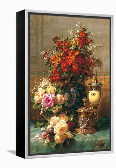 Fleurs sur une table-Jean Baptiste Robie-Framed Stretched Canvas