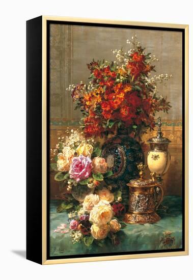 Fleurs sur une table-Jean Baptiste Robie-Framed Stretched Canvas