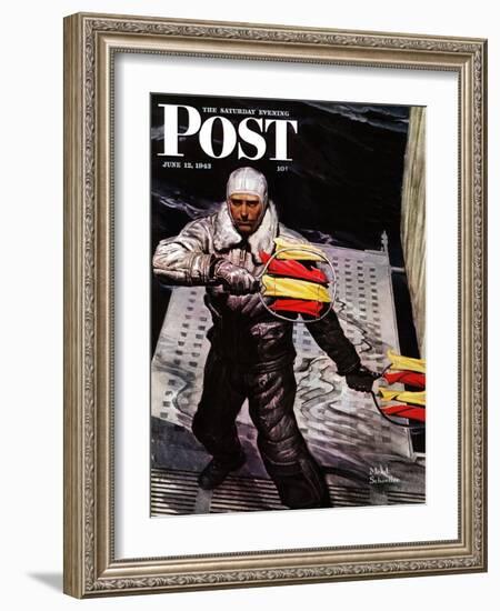 "Flight Controller on Aircraft Carrier," Saturday Evening Post Cover, June 12, 1943-Mead Schaeffer-Framed Giclee Print