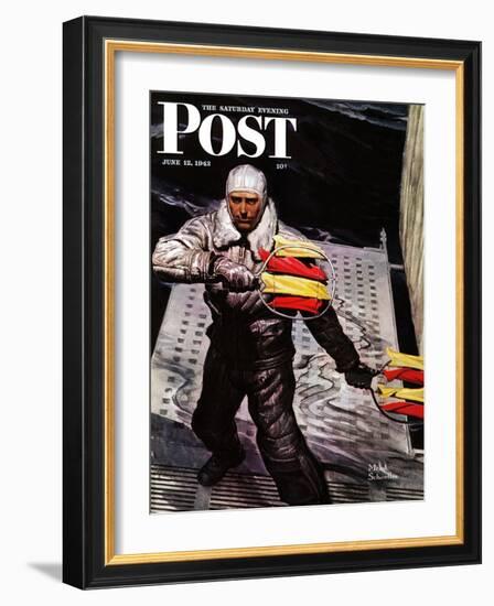 "Flight Controller on Aircraft Carrier," Saturday Evening Post Cover, June 12, 1943-Mead Schaeffer-Framed Giclee Print