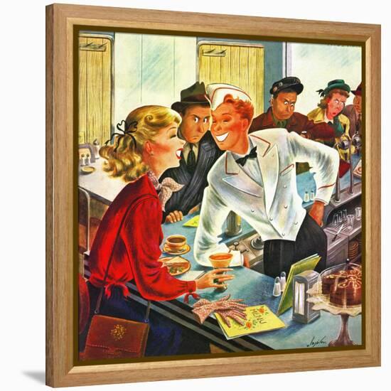 "Flirting Soda Jerk," October 11, 1947-Constantin Alajalov-Framed Premier Image Canvas