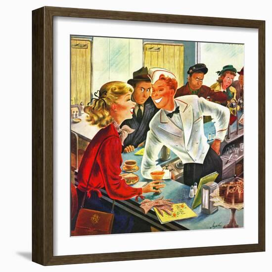 "Flirting Soda Jerk," October 11, 1947-Constantin Alajalov-Framed Giclee Print