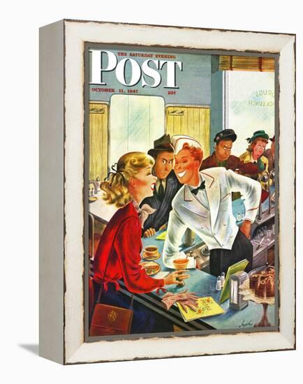 "Flirting Soda Jerk," Saturday Evening Post Cover, October 11, 1947-Constantin Alajalov-Framed Premier Image Canvas