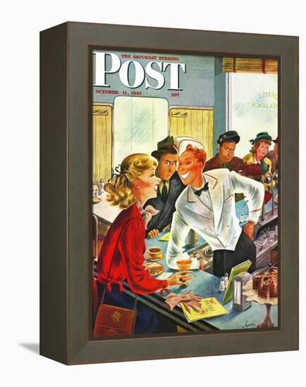 "Flirting Soda Jerk," Saturday Evening Post Cover, October 11, 1947-Constantin Alajalov-Framed Premier Image Canvas