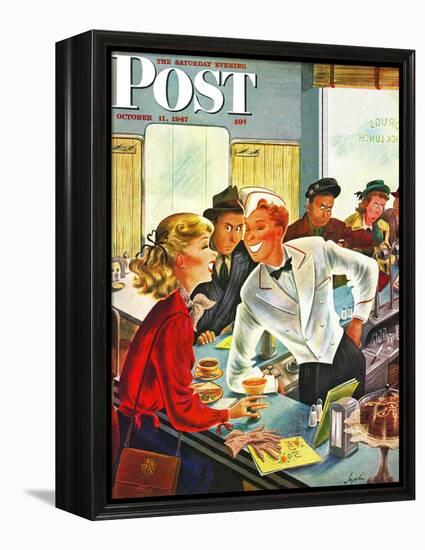 "Flirting Soda Jerk," Saturday Evening Post Cover, October 11, 1947-Constantin Alajalov-Framed Premier Image Canvas