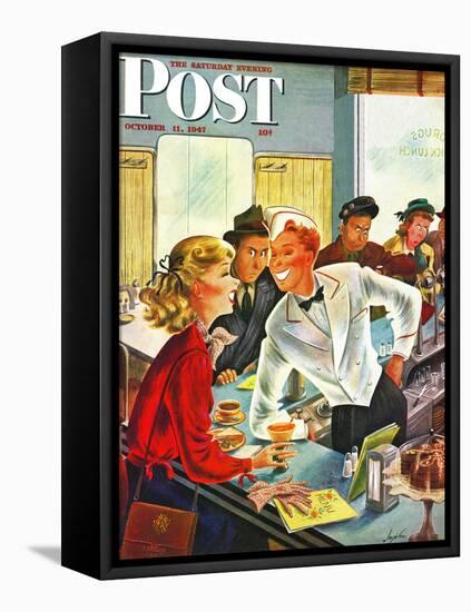 "Flirting Soda Jerk," Saturday Evening Post Cover, October 11, 1947-Constantin Alajalov-Framed Premier Image Canvas