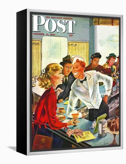 "Flirting Soda Jerk," Saturday Evening Post Cover, October 11, 1947-Constantin Alajalov-Framed Premier Image Canvas