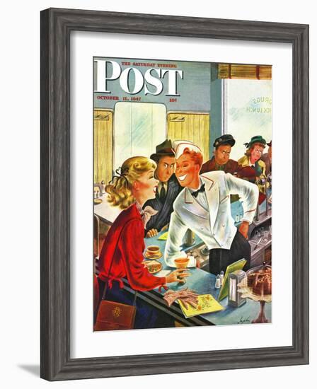 "Flirting Soda Jerk," Saturday Evening Post Cover, October 11, 1947-Constantin Alajalov-Framed Giclee Print