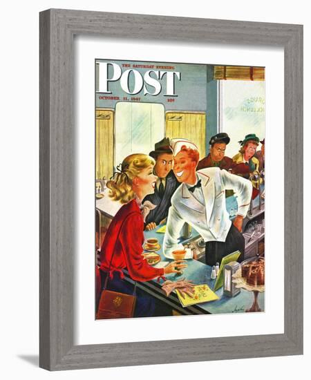 "Flirting Soda Jerk," Saturday Evening Post Cover, October 11, 1947-Constantin Alajalov-Framed Giclee Print