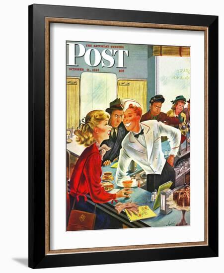 "Flirting Soda Jerk," Saturday Evening Post Cover, October 11, 1947-Constantin Alajalov-Framed Giclee Print