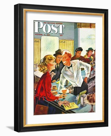 "Flirting Soda Jerk," Saturday Evening Post Cover, October 11, 1947-Constantin Alajalov-Framed Giclee Print