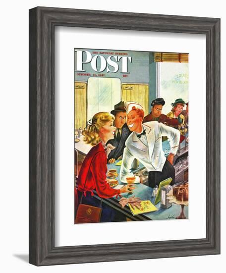 "Flirting Soda Jerk," Saturday Evening Post Cover, October 11, 1947-Constantin Alajalov-Framed Giclee Print