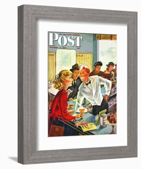 "Flirting Soda Jerk," Saturday Evening Post Cover, October 11, 1947-Constantin Alajalov-Framed Giclee Print