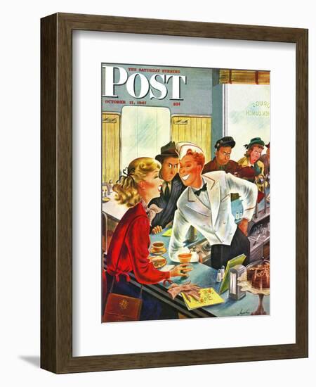 "Flirting Soda Jerk," Saturday Evening Post Cover, October 11, 1947-Constantin Alajalov-Framed Giclee Print