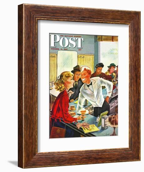 "Flirting Soda Jerk," Saturday Evening Post Cover, October 11, 1947-Constantin Alajalov-Framed Giclee Print