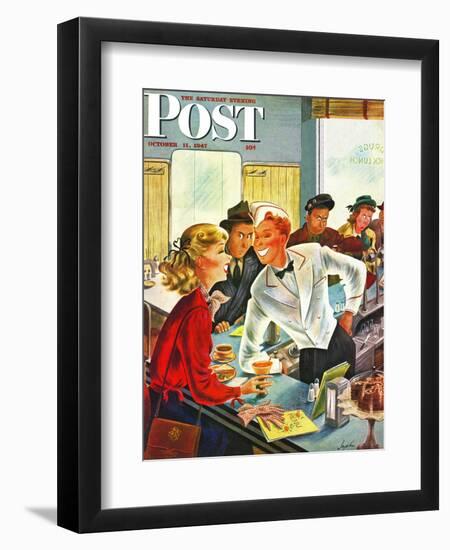 "Flirting Soda Jerk," Saturday Evening Post Cover, October 11, 1947-Constantin Alajalov-Framed Giclee Print