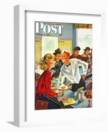 "Flirting Soda Jerk," Saturday Evening Post Cover, October 11, 1947-Constantin Alajalov-Framed Giclee Print