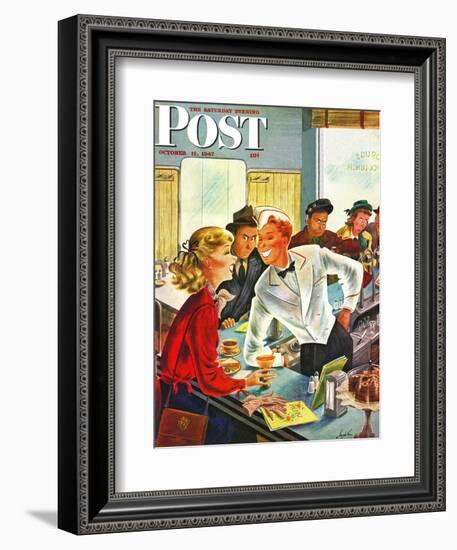 "Flirting Soda Jerk," Saturday Evening Post Cover, October 11, 1947-Constantin Alajalov-Framed Giclee Print