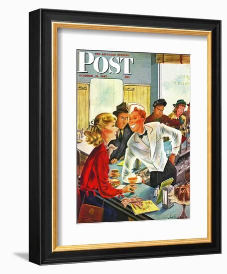 "Flirting Soda Jerk," Saturday Evening Post Cover, October 11, 1947-Constantin Alajalov-Framed Giclee Print