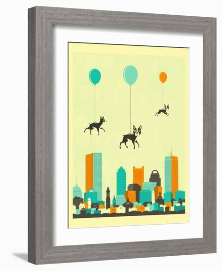 Flock of Boston Terriers-Jazzberry Blue-Framed Art Print