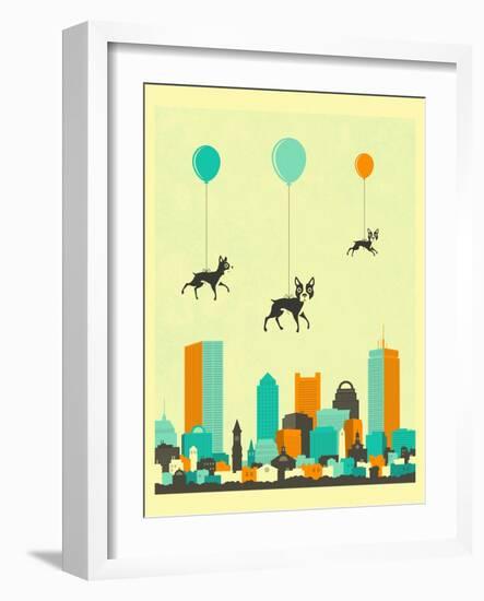 Flock of Boston Terriers-Jazzberry Blue-Framed Art Print