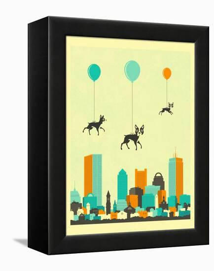 Flock of Boston Terriers-Jazzberry Blue-Framed Stretched Canvas