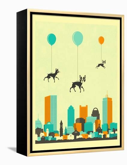 Flock of Boston Terriers-Jazzberry Blue-Framed Stretched Canvas