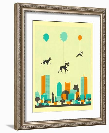 Flock of Boston Terriers-Jazzberry Blue-Framed Premium Giclee Print