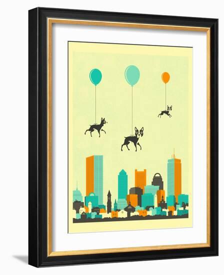 Flock of Boston Terriers-Jazzberry Blue-Framed Premium Giclee Print