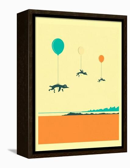 Flock of Penguins-Jazzberry Blue-Framed Stretched Canvas