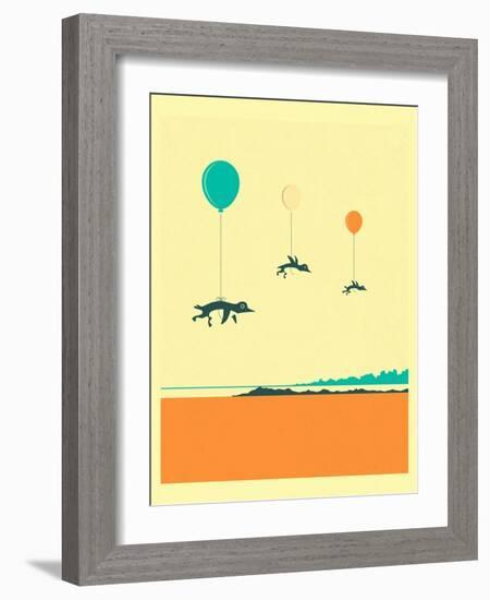 Flock of Penguins-Jazzberry Blue-Framed Art Print