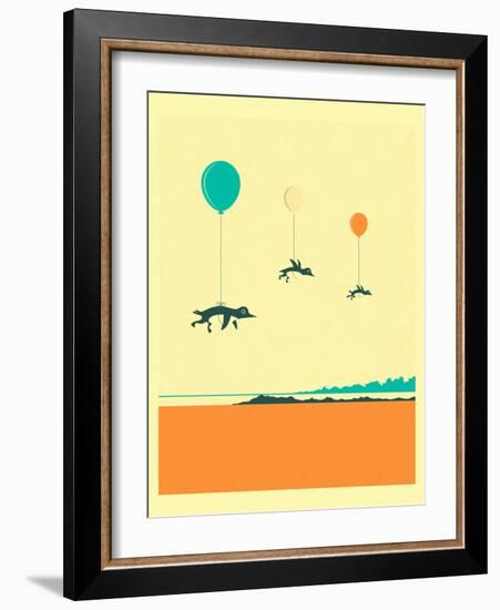 Flock of Penguins-Jazzberry Blue-Framed Art Print