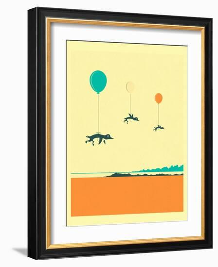 Flock of Penguins-Jazzberry Blue-Framed Art Print