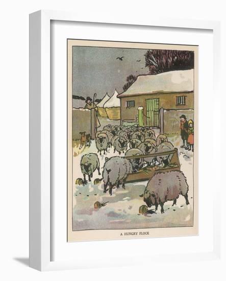 Flock of Sheep in the Snow Eating from a Trough While the Shepherd and Two Children Watch-null-Framed Art Print