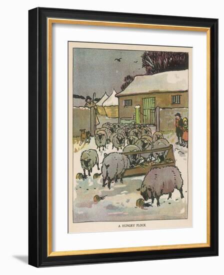 Flock of Sheep in the Snow Eating from a Trough While the Shepherd and Two Children Watch-null-Framed Art Print