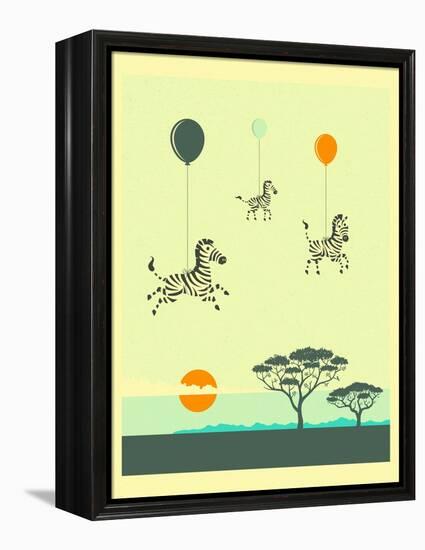 Flock of Zebras-Jazzberry Blue-Framed Stretched Canvas